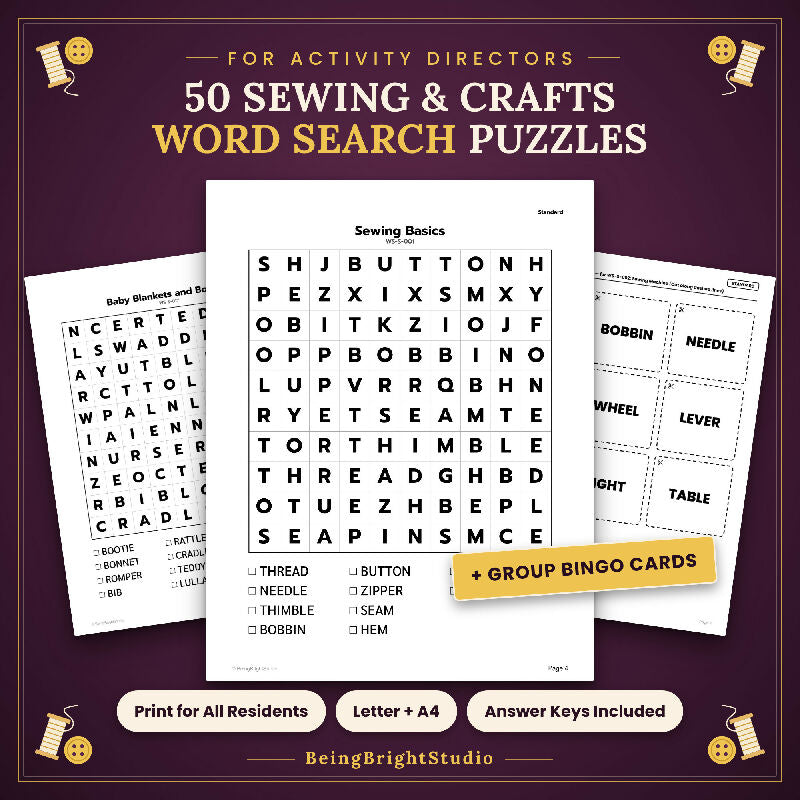Sewing and Crafts Word Search for Activity Directors, 50 Extra Large Print Puzzles, Answer Keys, Bingo Cards