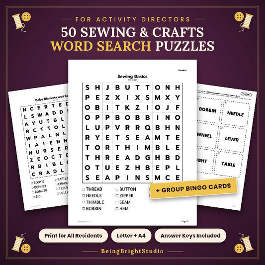 Sewing and Crafts Word Search for Activity Directors, 50 Extra Large Print Puzzles, Answer Keys, Bingo Cards