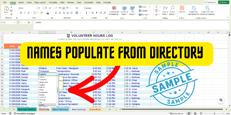 Volunteer Hours Tracker & Schedule Spreadsheet | Excel Google Sheets | Nursing Home Senior Living Nonprofit Activities Director Template