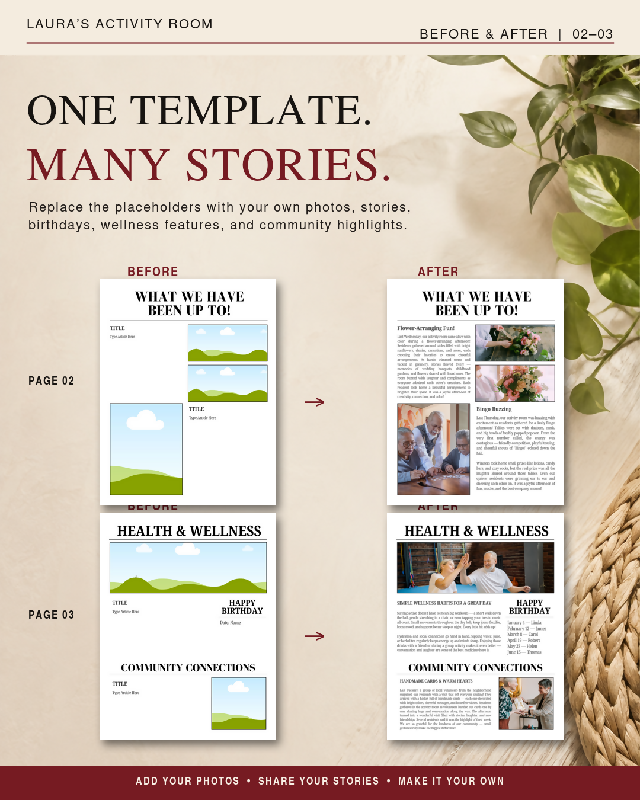 Newsletter for Activity Directors and Long Term Care Professionals, Alternative to Publisher - Editable Canva Template, Upcoming Activity Notices, Updates, Spotlights & More