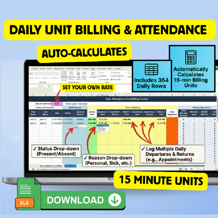 Attendance Billing Spreadsheet, 15 Minute Unit Tracker, Activity Attendance Excel Template, Medicaid Billing Tool, Auto Calculate Hours