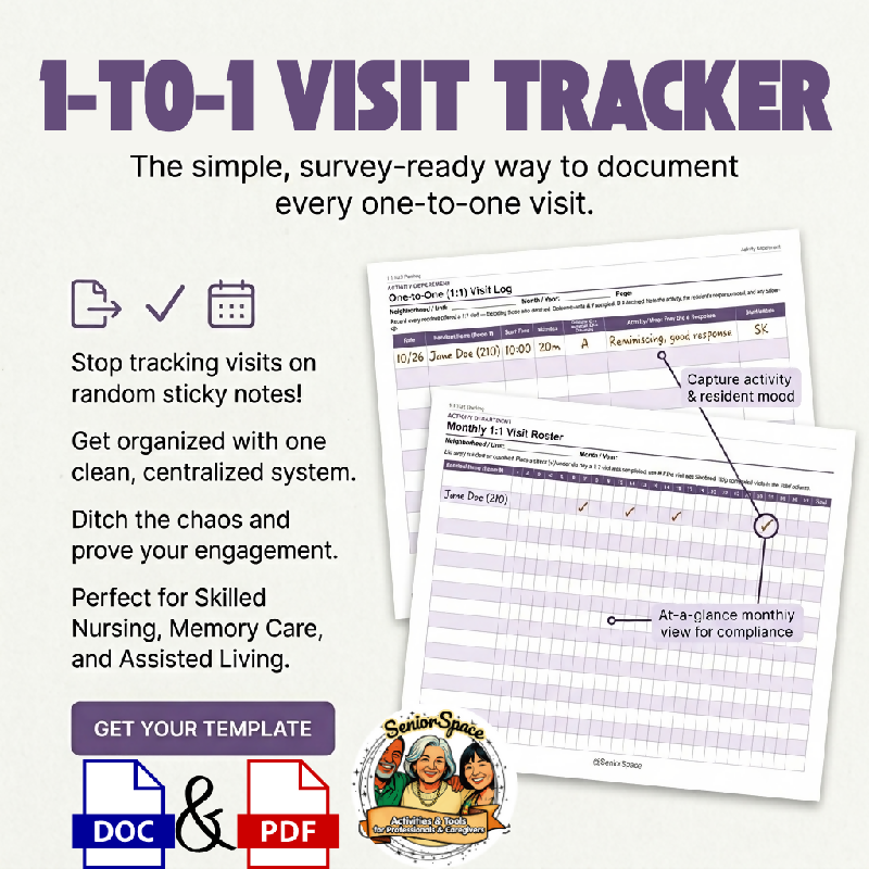 A product preview of a 1-to-1 Visit Tracker template for activity directors. The main page features a clean, purple-accented table to log dates, resident names, room numbers, visit duration, outcomes, and staff initials. Overlapping pages show a monthly resident roster with a 31-day checkbox grid. Small icons at the bottom indicate editable Word and printable PDF formats.
