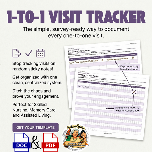 A product preview of a 1-to-1 Visit Tracker template for activity directors. The main page features a clean, purple-accented table to log dates, resident names, room numbers, visit duration, outcomes, and staff initials. Overlapping pages show a monthly resident roster with a 31-day checkbox grid. Small icons at the bottom indicate editable Word and printable PDF formats.
