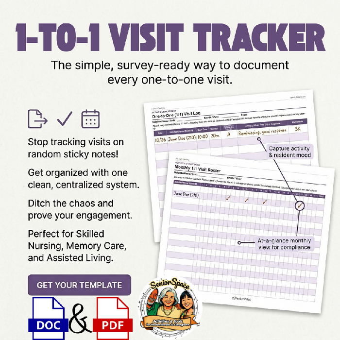 1:1 Visit Tracker for Activity Directors, Activity Documentation Log, Memory Care & Skilled Nursing, Editable Template, Instant Download
