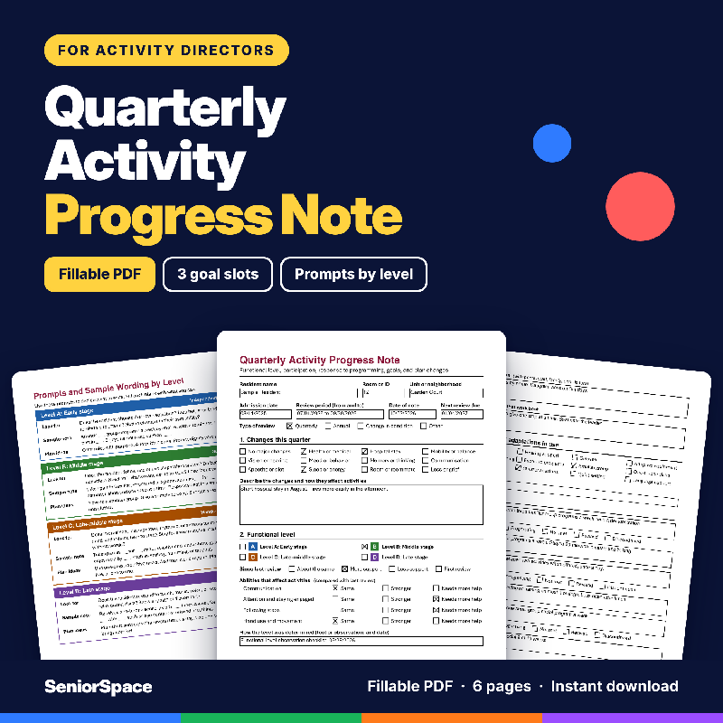 Quarterly Activity Progress Note Template, Fillable PDF for Activity Directors, Nursing Home Activity Documentation Form