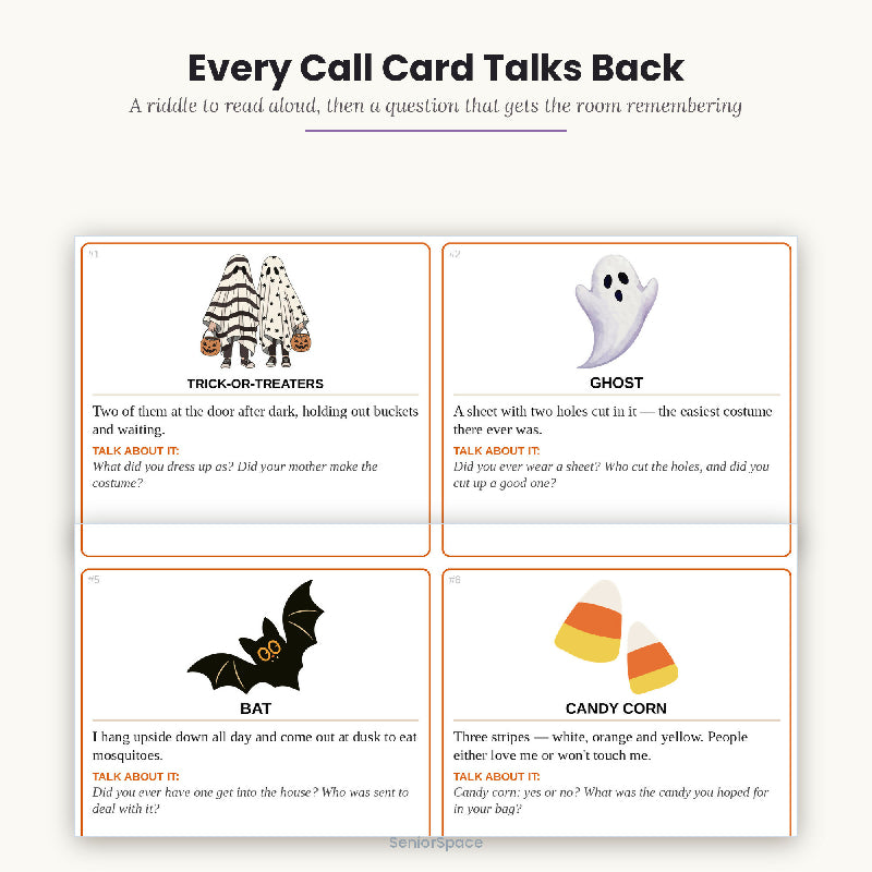 Printable Halloween Bingo for Seniors, 25 Unique Cards + 33 Call Cards with Clues, Senior Living October Activity, Download PDF