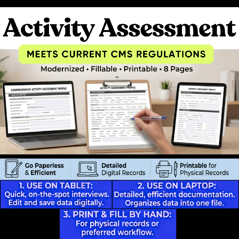 CMS-Aligned Activity Assessment Form | Fillable PDF for Activity Directors & Life Enrichment Coordinators
