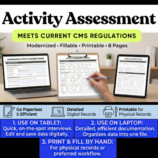 CMS-Aligned Activity Assessment Form | Fillable PDF for Activity Directors & Life Enrichment Coordinators
