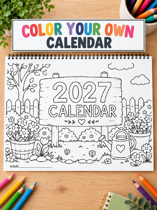 2027 Color Your Own Calendar, DIY Make Your Own 12 Month Wall Calendar, Great Gift to Give to Families