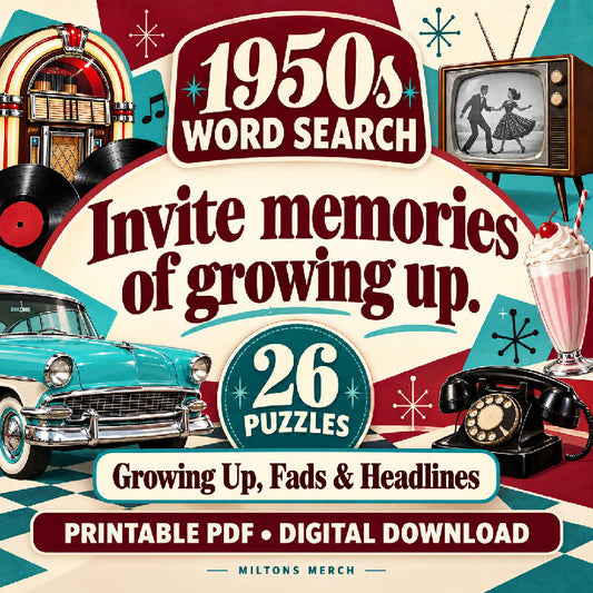 1950s Word Search — Growing Up, Fads & Headlines | 26 Large Print Nostalgia Puzzles, PDF