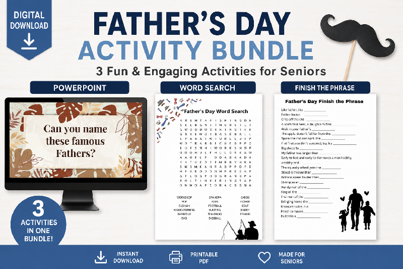 Father's Day Activity Bundle for Seniors | Famous Fathers Trivia PowerPoint, Father's Day Word Search, Finish the Phrase Game | Printable PDF