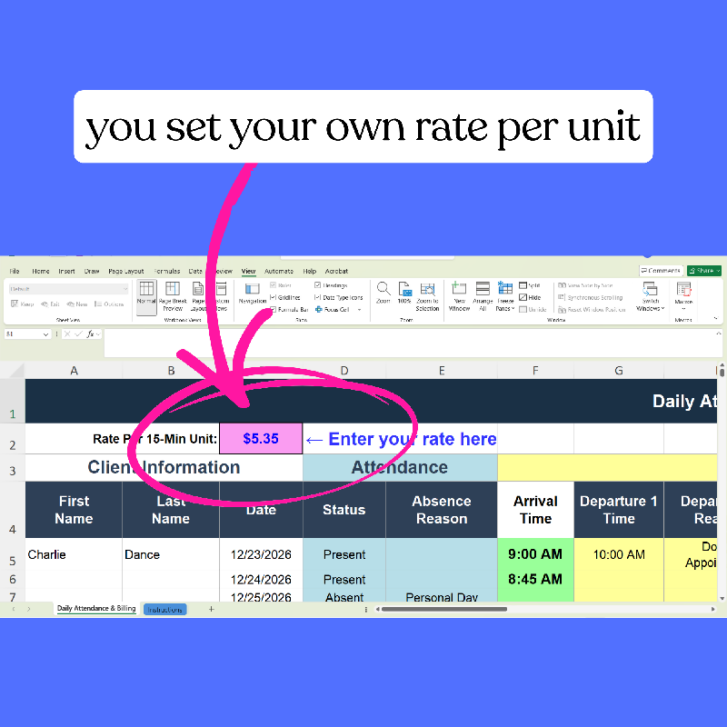 Attendance Billing Spreadsheet, 15 Minute Unit Tracker, Activity Attendance Excel Template, Medicaid Billing Tool, Auto Calculate Hours