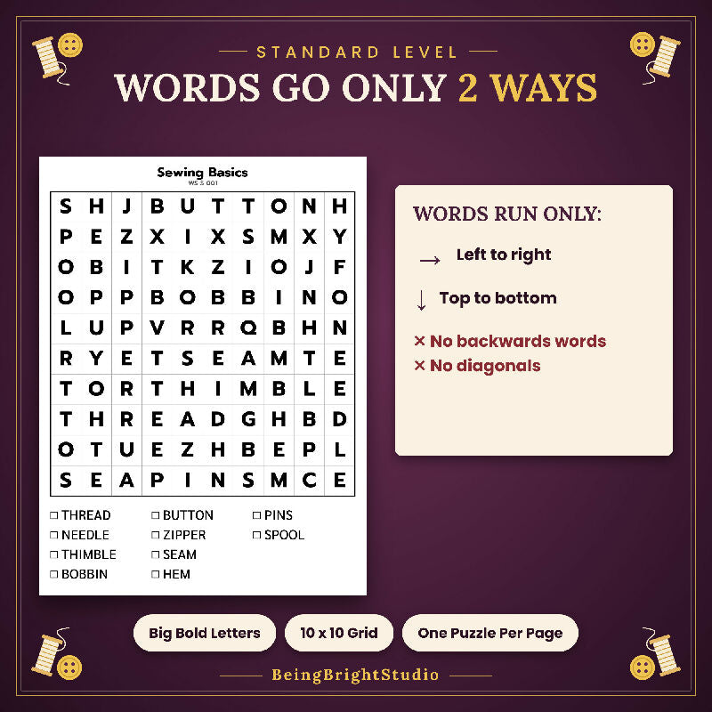 Sewing and Crafts Word Search for Activity Directors, 50 Extra Large Print Puzzles, Answer Keys, Bingo Cards