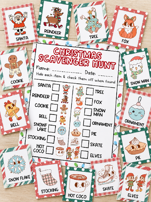Christmas Winter Scavenger Hunt and Memory / Matching Game Set
