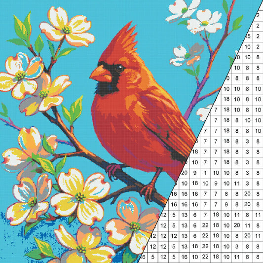 Cardinal on Dogwood Branch Collaborative Color by Number | Giant Group Activity Poster | Nature Activity | Watercolor Style