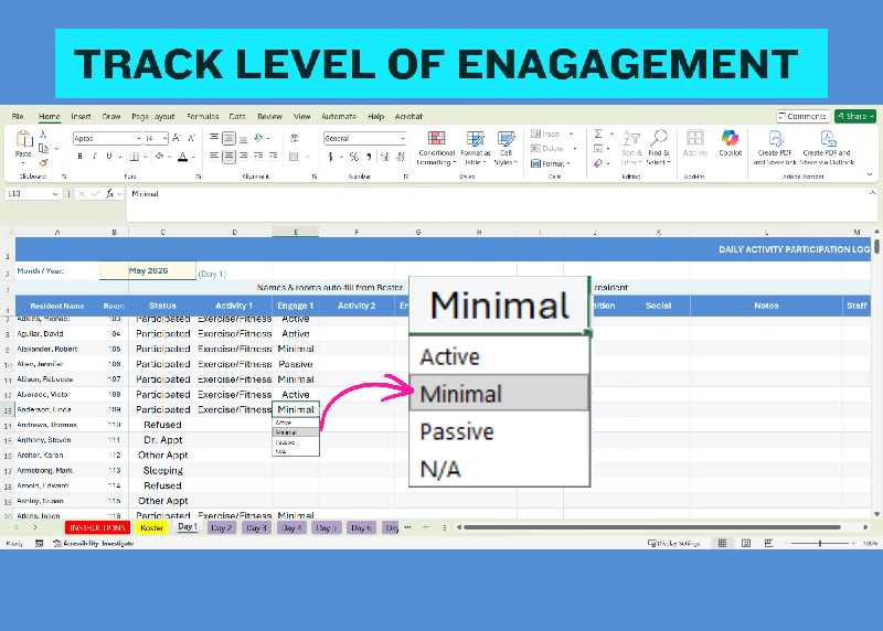 Activity Participation Tracker Excel, Activity Director MDS Tool, Resident Engagement Spreadsheet