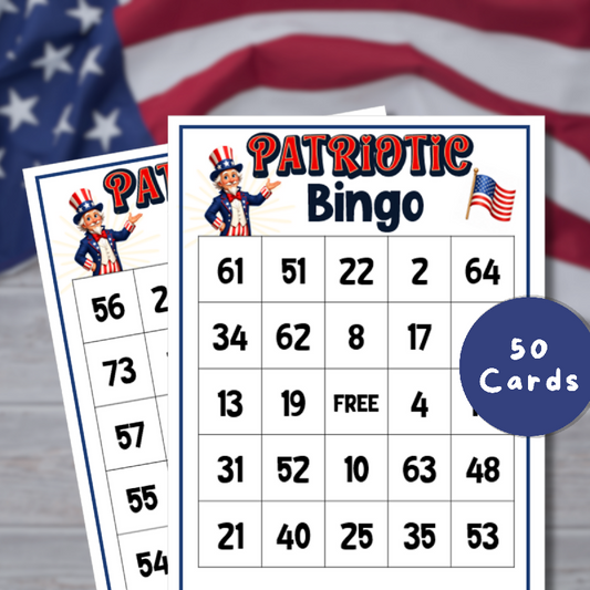 Patriotic Bingo Game – 50 Card Printable Set