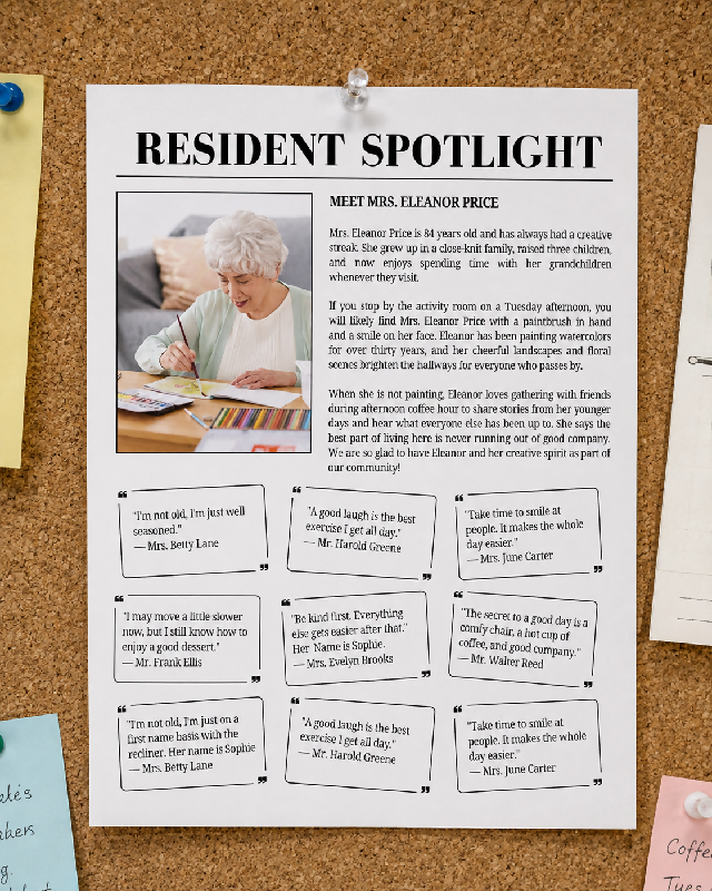 Newsletter for Activity Directors and Long Term Care Professionals, Alternative to Publisher - Editable Canva Template, Upcoming Activity Notices, Updates, Spotlights & More