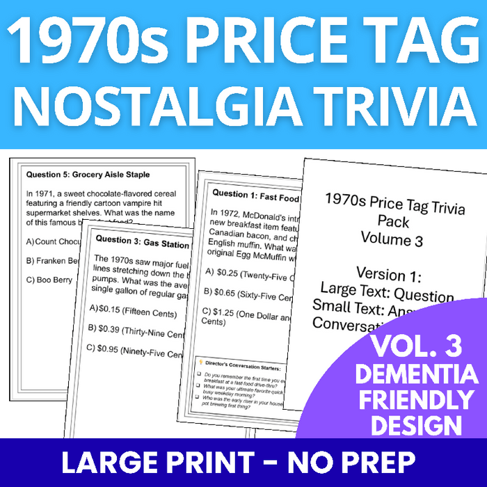 1970s Price Tag Nostalgia Trivia Game for Seniors and Memory Care Large Print Low Ink No Prep Reminiscence Activity Volume 3