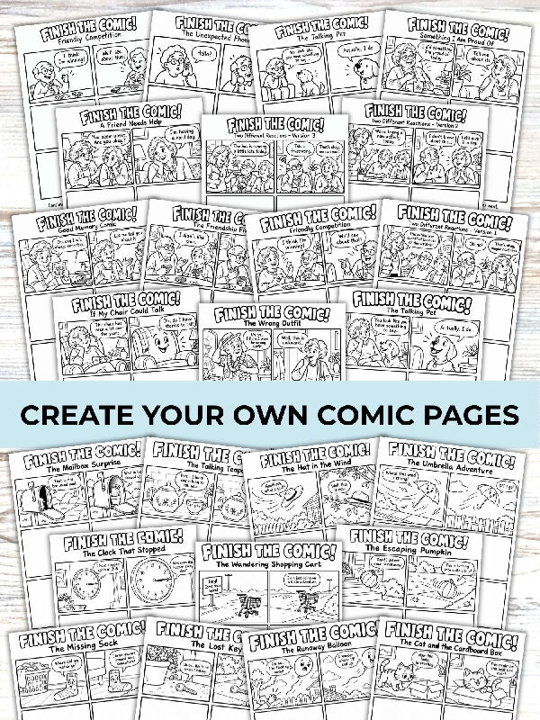 Finish the Comic, Create a Comic Book Coloring Page, Writing and Drawing Activity, 40 Story Panels, Printable Pages