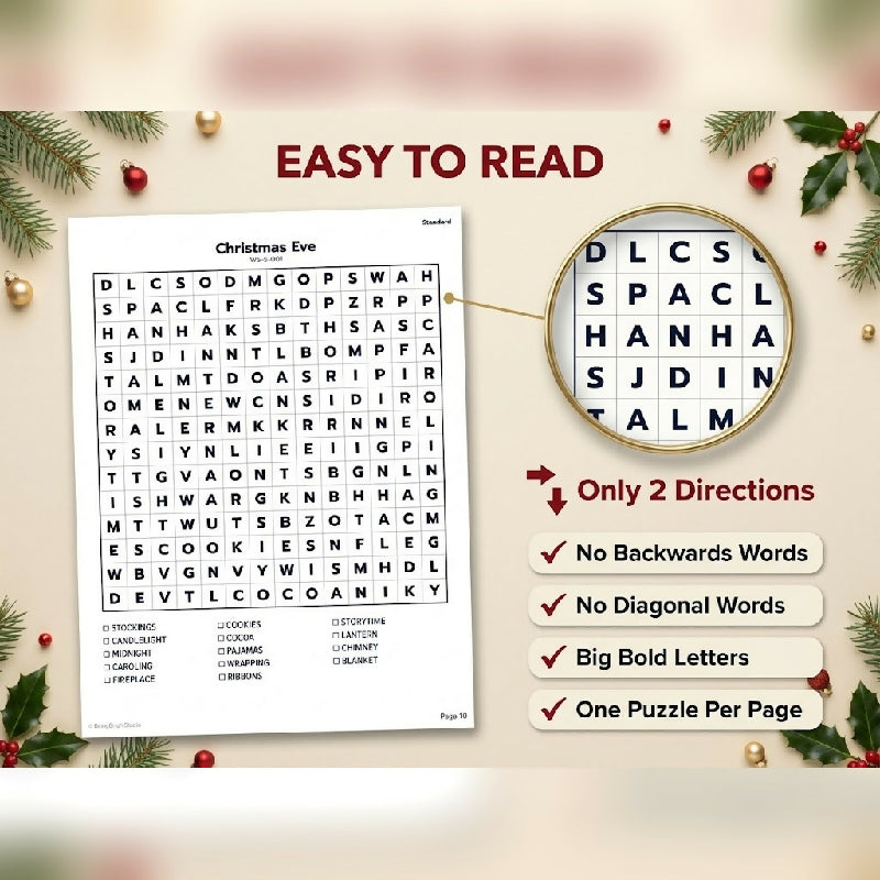 200 Large Print Christmas Word Searches + Bingo Calling Cards – Group Activity Set
