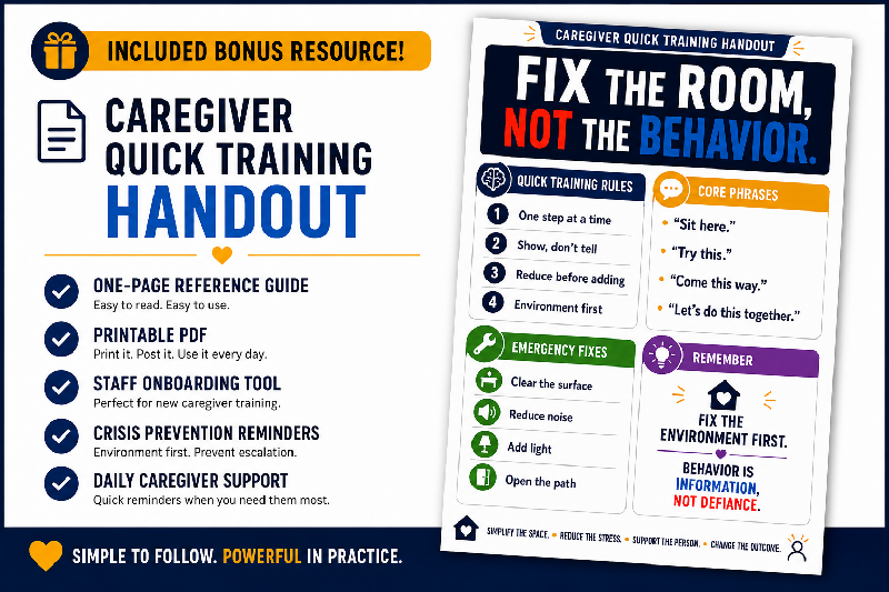 Included bonus resource — Fix the Room Not the Behavior caregiver quick training handout — one-page reference guide printable PDF staff onboarding tool crisis prevention reminders daily caregiver support — quick training rules emergency fixes core phrases — simple to follow powerful in practice
