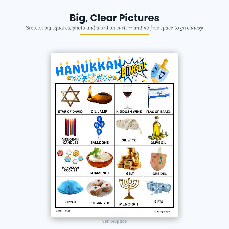 Hanukkah Bingo, 25 Printable Cards, Chanukah Call Cards with Clues, Discussion Cards, Instant Download