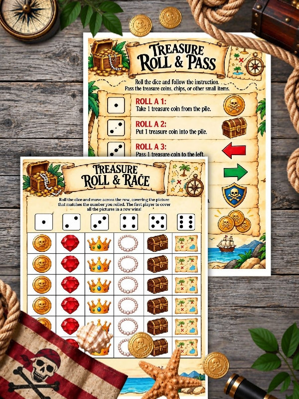 Pirate Dice Games: Roll and Race, Build an Image, Roll and Pass the Parcel Prize