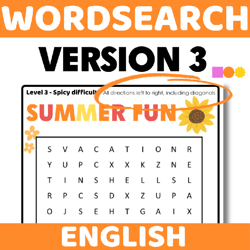 Word Search August Theme - 3 Levels of Difficulty Wordsearch