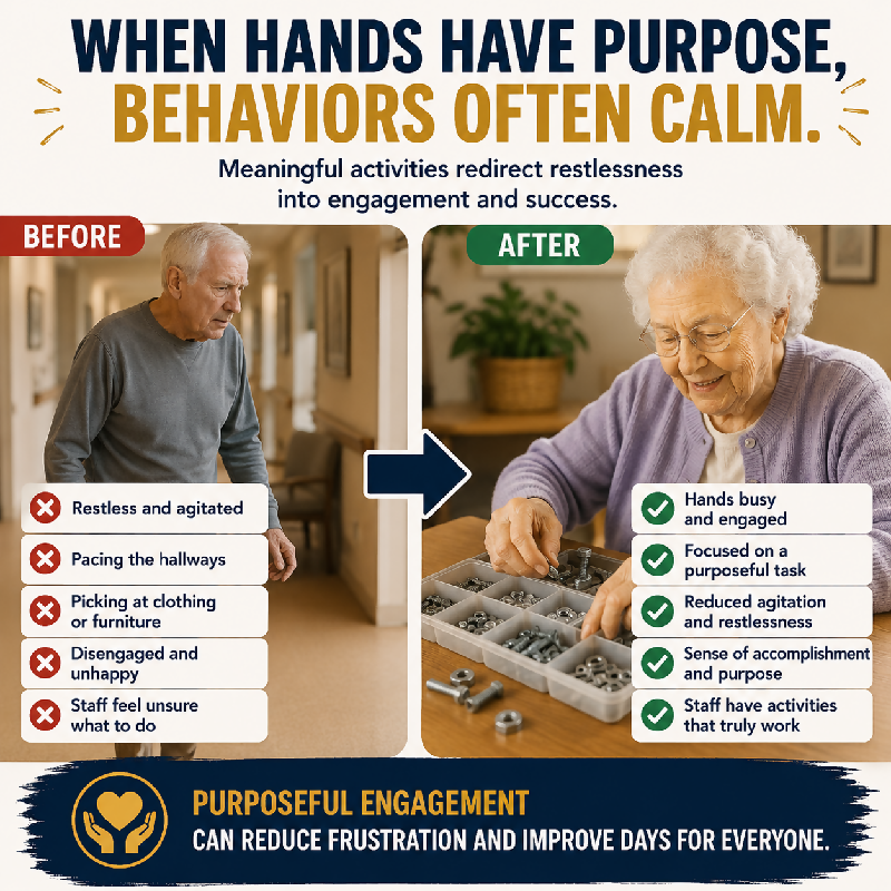 When hands have purpose behaviors often calm — before and after dementia behavior — restless agitated pacing picking disengaged to hands busy focused reduced agitation sense of accomplishment