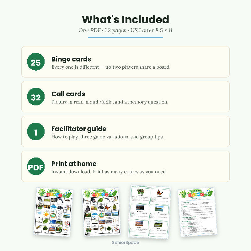 Earth Day Bingo , 25 Printable Nature Cards, Call Cards with Clues,