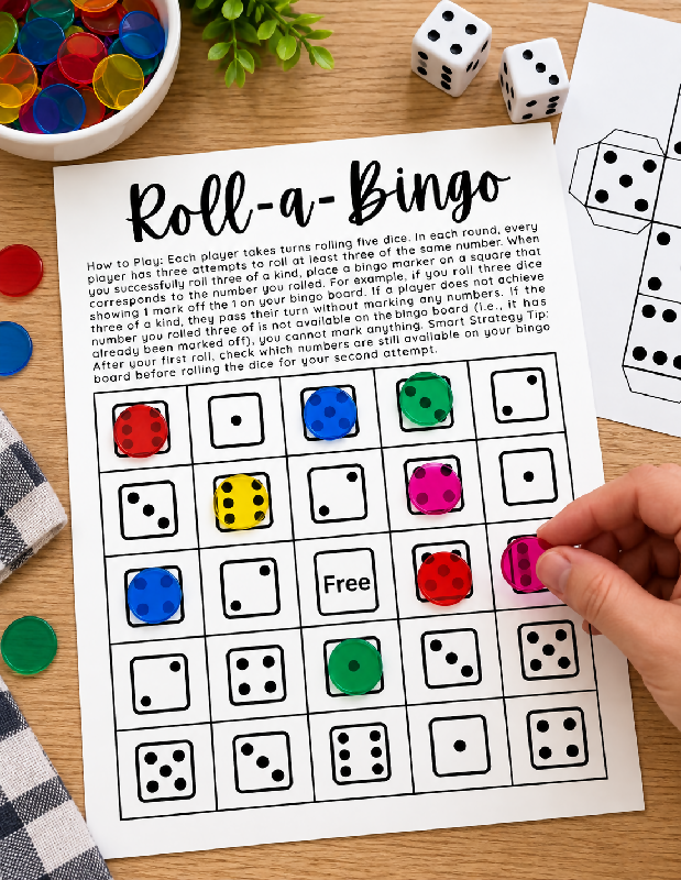Roll-a-Bingo, Printable Dice Bingo Boards and Protocol, Group Games
