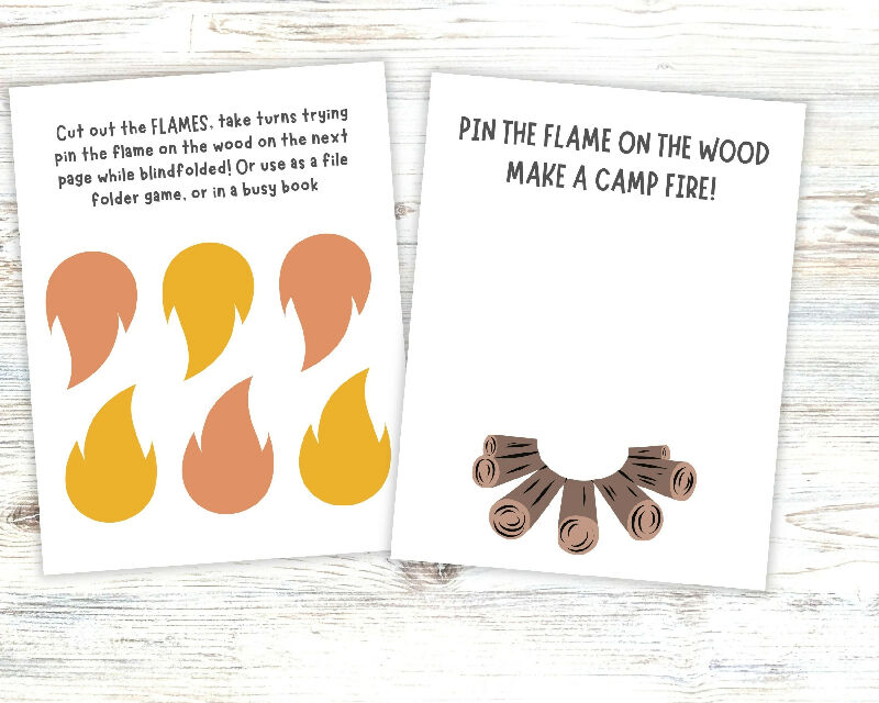 Pin the Flame on the Campfire Wood Game, Pin the Tail Game, Camping Theme Summer Party Game, Printable Activity