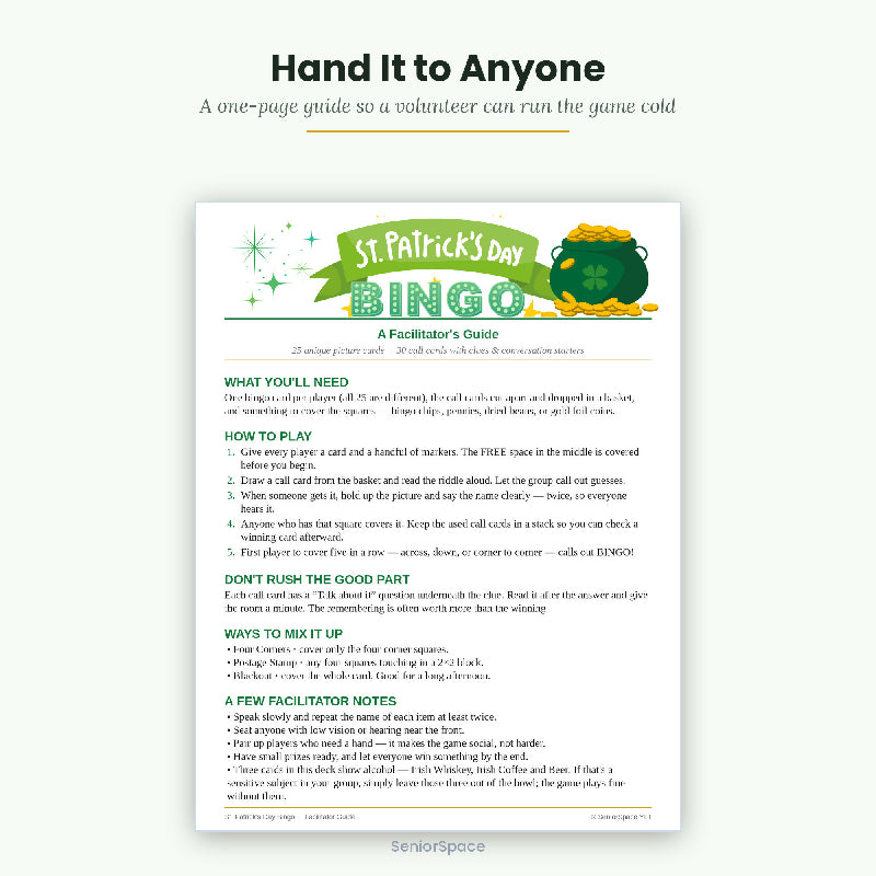 St Patrick's Day Bingo for Seniors, 25 Printable Cards, Call Cards with Clues, Memory Care Activity, Discussion cues, Instant Download