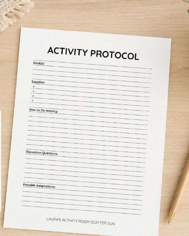 Printable Activity Protocol Template: Editable Word Document for Recreation Therapists and Activity Professionals