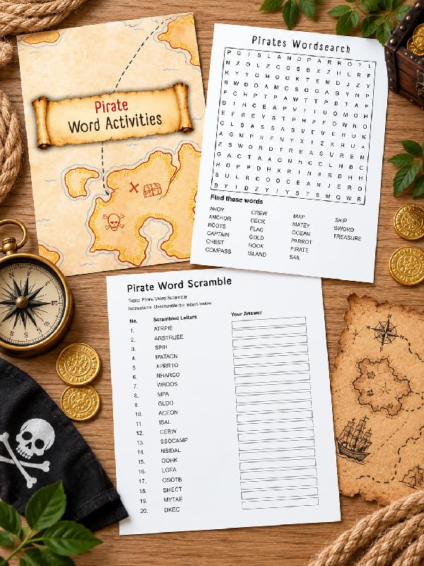 Pirate Fun Facts and Trivia, Fill in the Blank Game,  Word Scramble, Word Search, Printable Games
