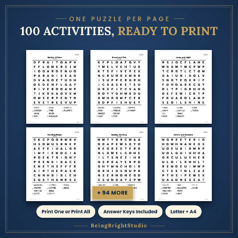 Extra Large Print Christian Word Search for Activity Directors, 100 Printable Puzzles, Bonus Bingo Cards