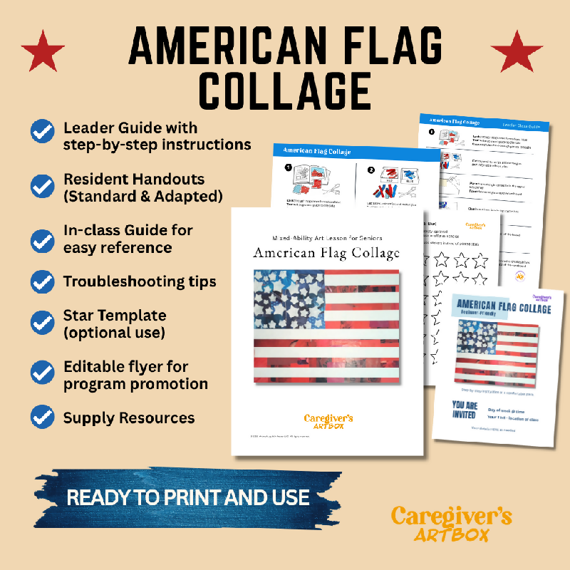 American Flag Collage printable art project showing the lesson guide, participant handouts, leader guide, templates, troubleshooting tips, editable flyer, and supply resources.