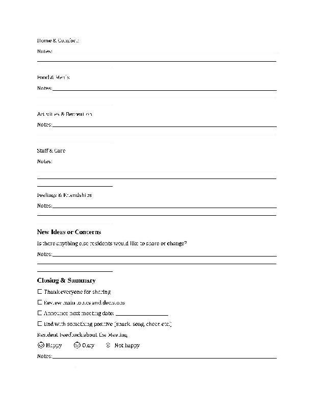 Resident Council Meeting Agenda, Editable Template with Notes and Staff Follow Up