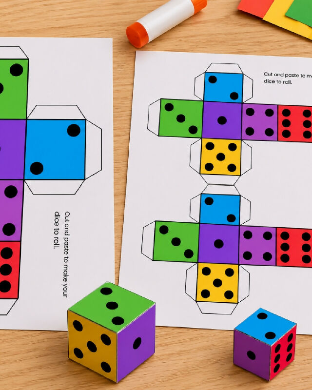 Printable Dice Template, Multiple Uses and Sizes, Cut - Fold - Glue Together, Black White and Color Versions Available, Two Sizes, Supplies for Group Activities