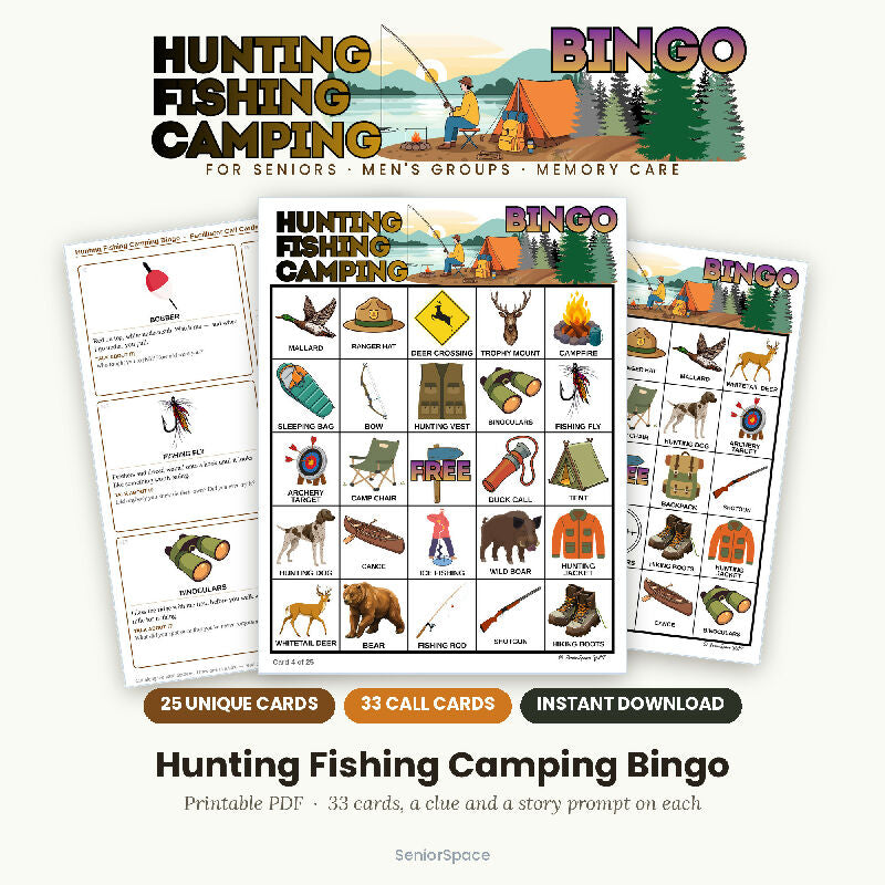 Hunting Fishing Camping Bingo for Seniors, Men's Club Activity, 25 Printable Cards, Call Cards with Clues, Download PDF
