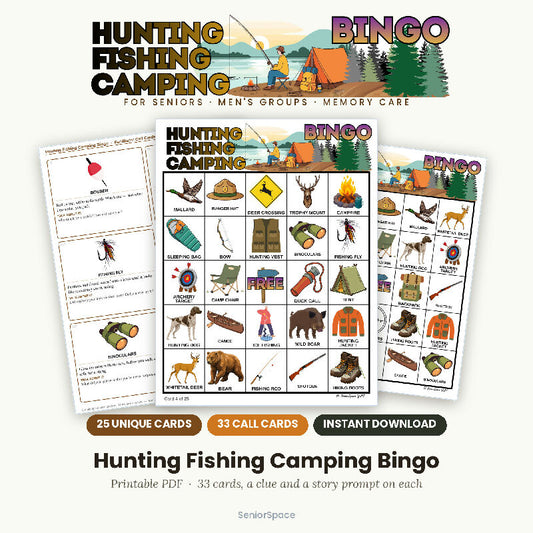 Hunting Fishing Camping Bingo for Seniors, Men's Club Activity, 25 Printable Cards, Call Cards with Clues, Download PDF
