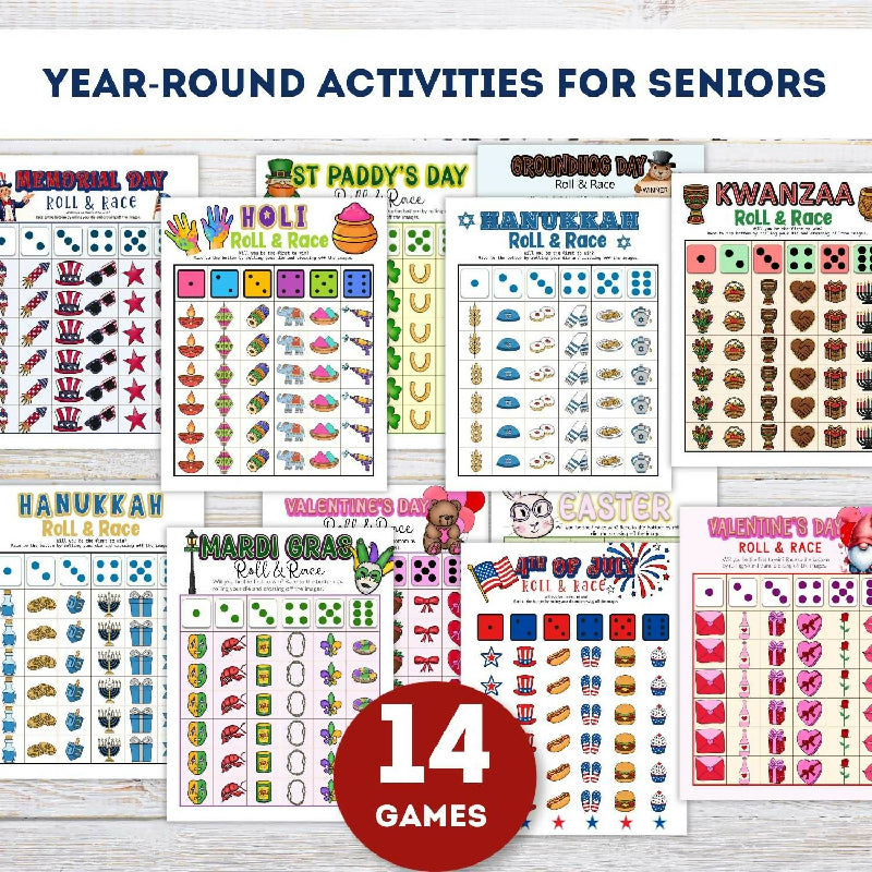 Holiday Roll & Race Dice Game Bundle for Seniors – 14 Printable Group Activities