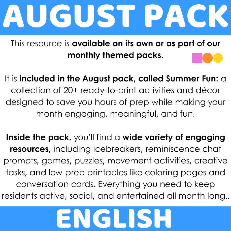 August Reminiscence Conversation Cards for Seniors - Printable Discussion Prompts for Memory Recall and Social Engagement - Summer Discussion Activity for Cognitive Engagement and Social Connection