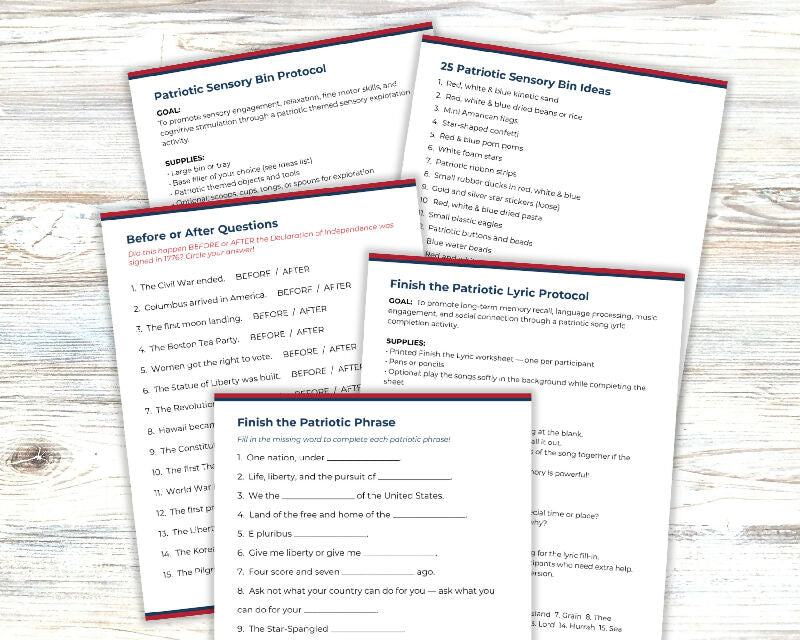 USA 250th Birthday, Patriotic Activity Bundle with Recreation Therapy Protocols, Party Games for 4th of July, Independence Day Bundle, Memorial and Veterans Day