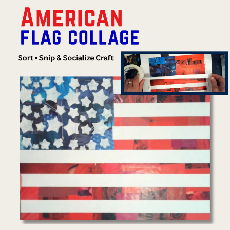 Image of American flag craft with red and white stripes and stars stenciled on blue. Photo insert of white tape being added as a stripe