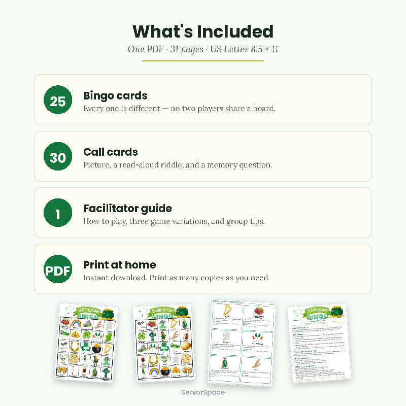 St Patrick's Day Bingo for Seniors, 25 Printable Cards, Call Cards with Clues, Memory Care Activity, Discussion cues, Instant Download