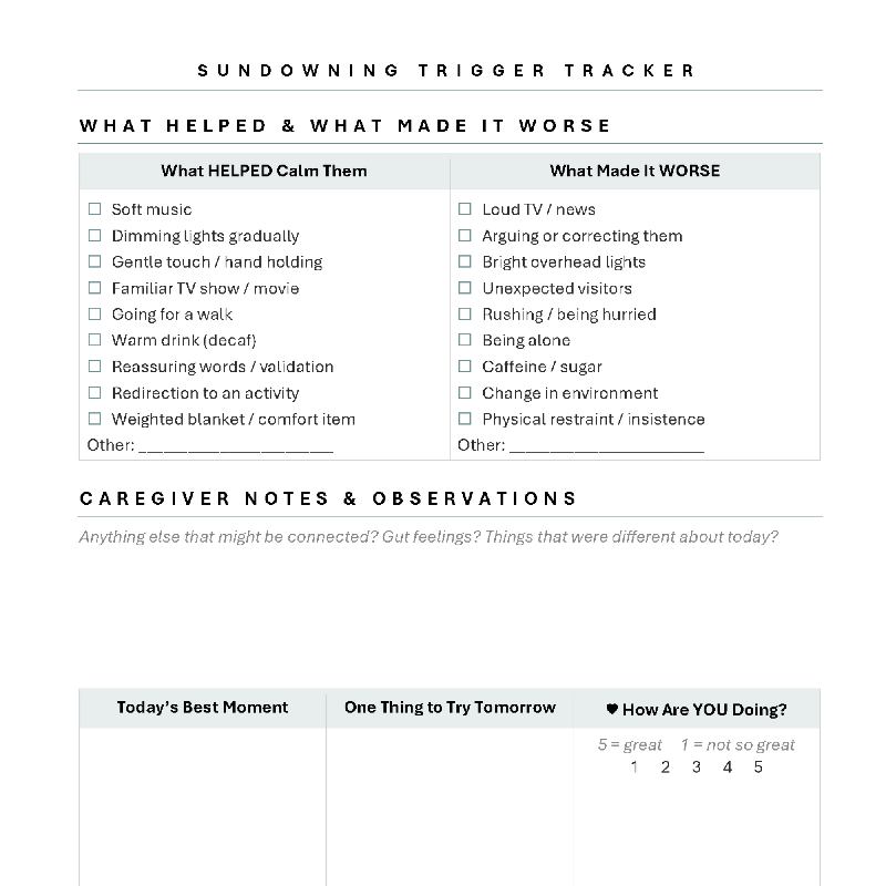 Sundowning Trigger Tracker for Activity Directors | Fillable PDF for Memory Care & Dementia Programming