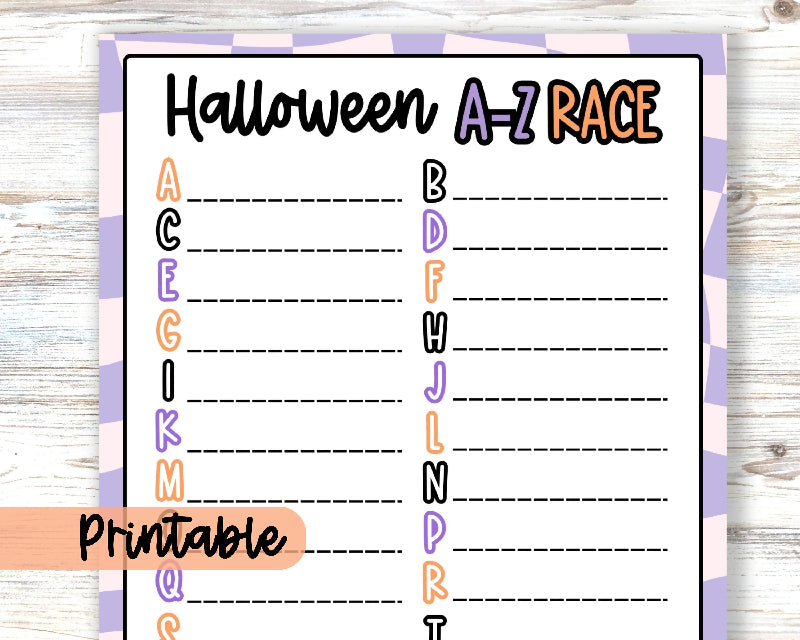 Halloween A-Z Race Game, Printable Activity, Cognitive Word Activity Worksheet, October Fall Party Game