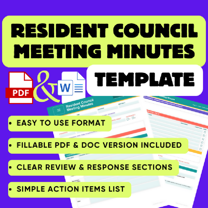 • Resident Council Meeting Template, Activity Director Printable, Life Enrichment Form, Long Term Care, Assisted Living, Editable PDF & Word
